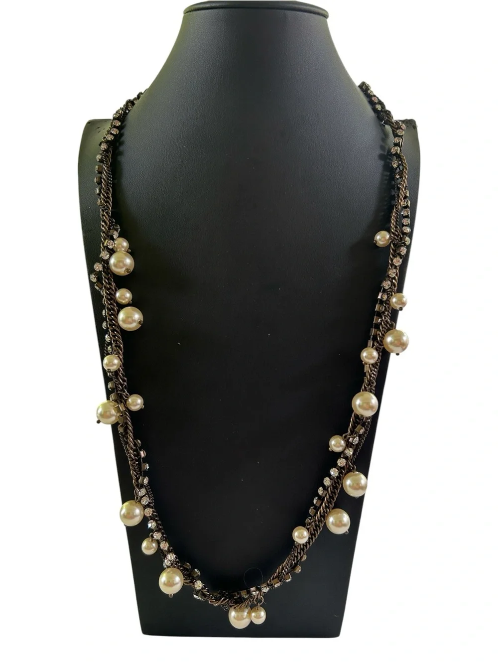 J. Crew Bronze Tone Faux Pearl & Rhinestone Twisted Strand Statement Necklace